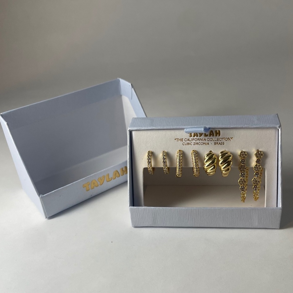 Taylah Earrings Set of 4 pairs stackable Cubic Zirconia Brass Gold Toned
